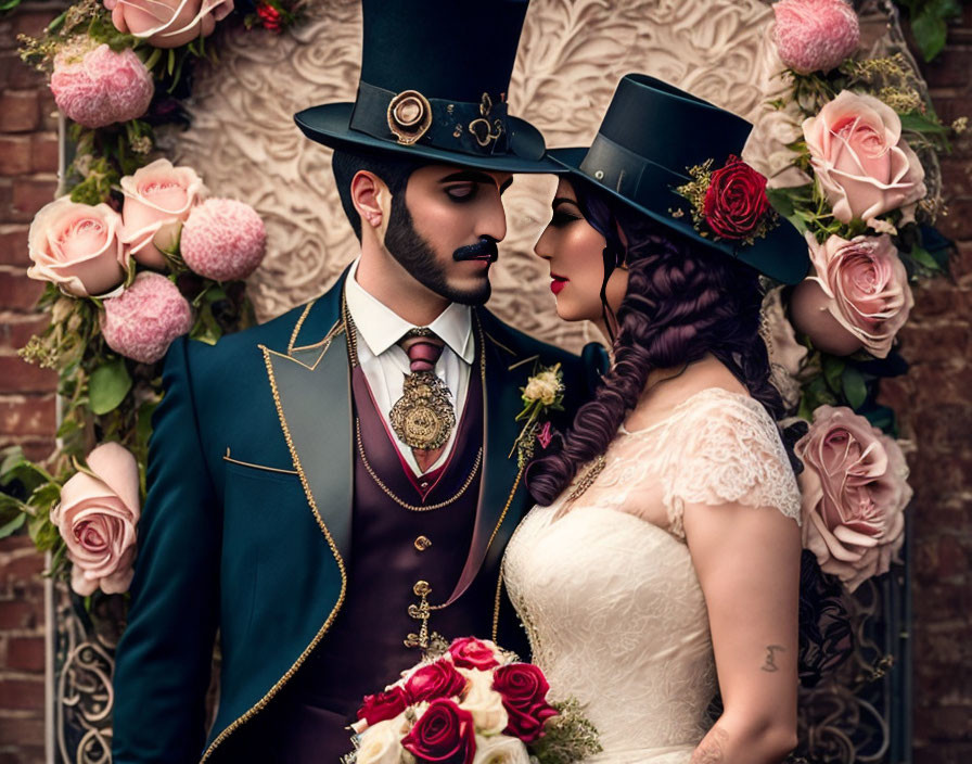 Steampunk couple in top hats embracing by rose-covered brick wall