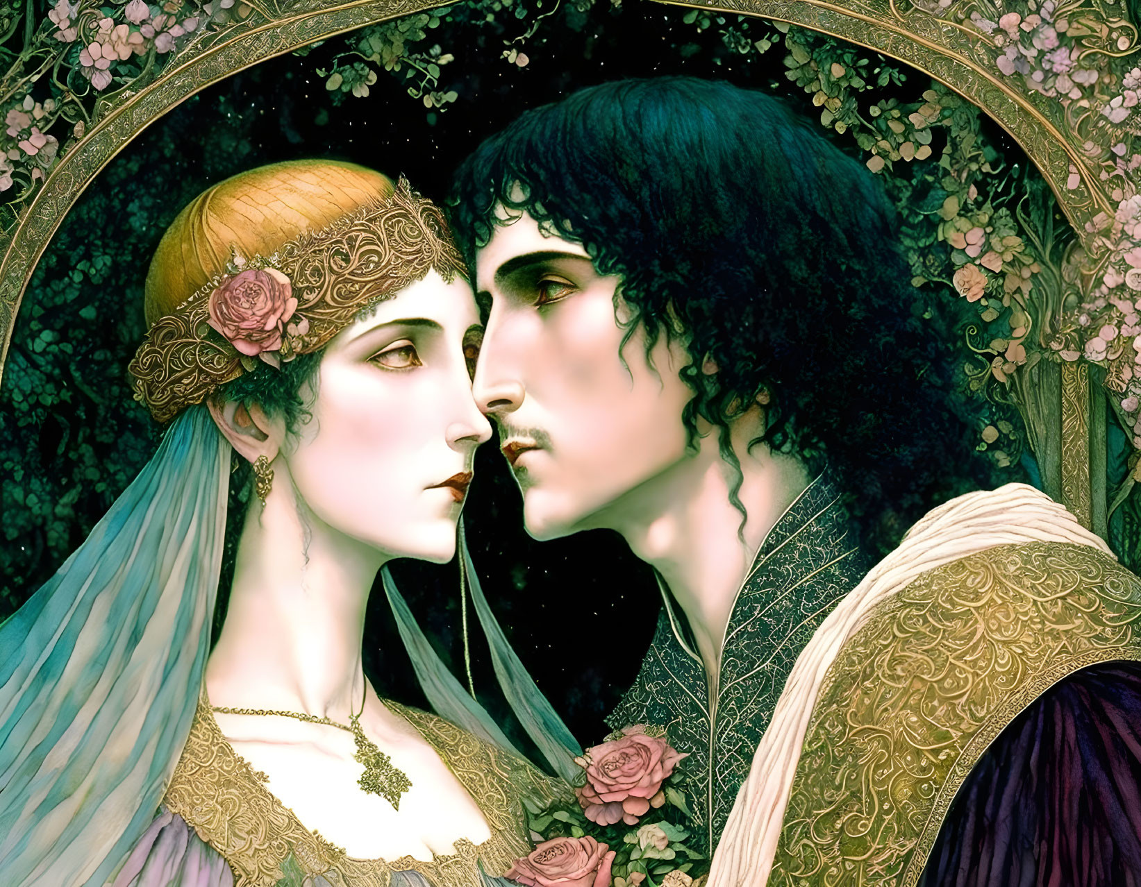 Medieval-themed romantic couple illustration in nature setting