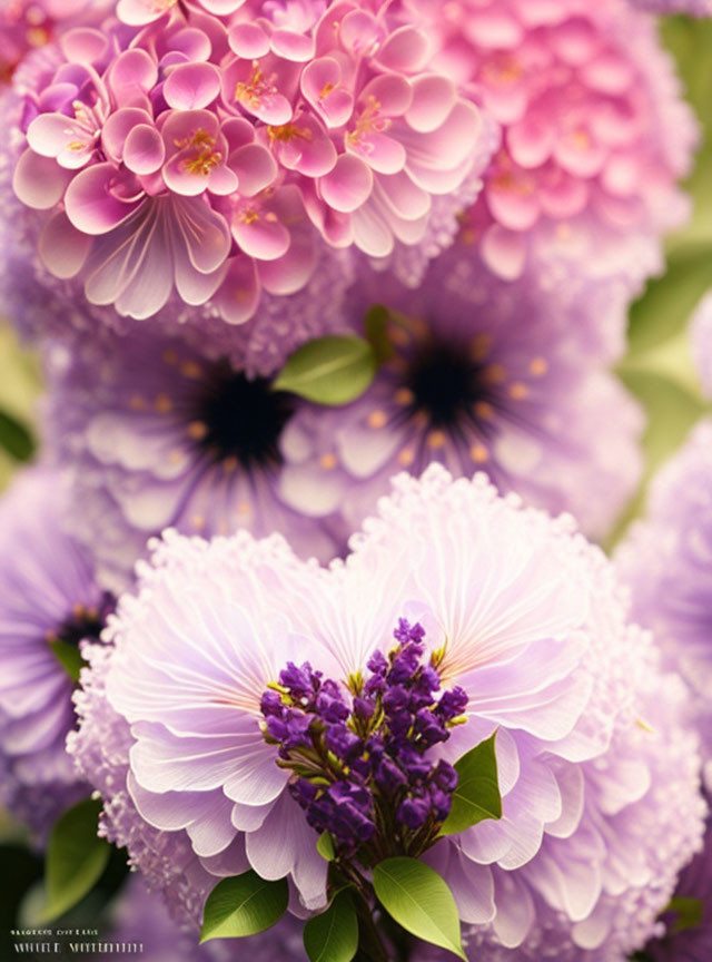 Vibrant pink and purple flowers with intricate petals on soft green backdrop