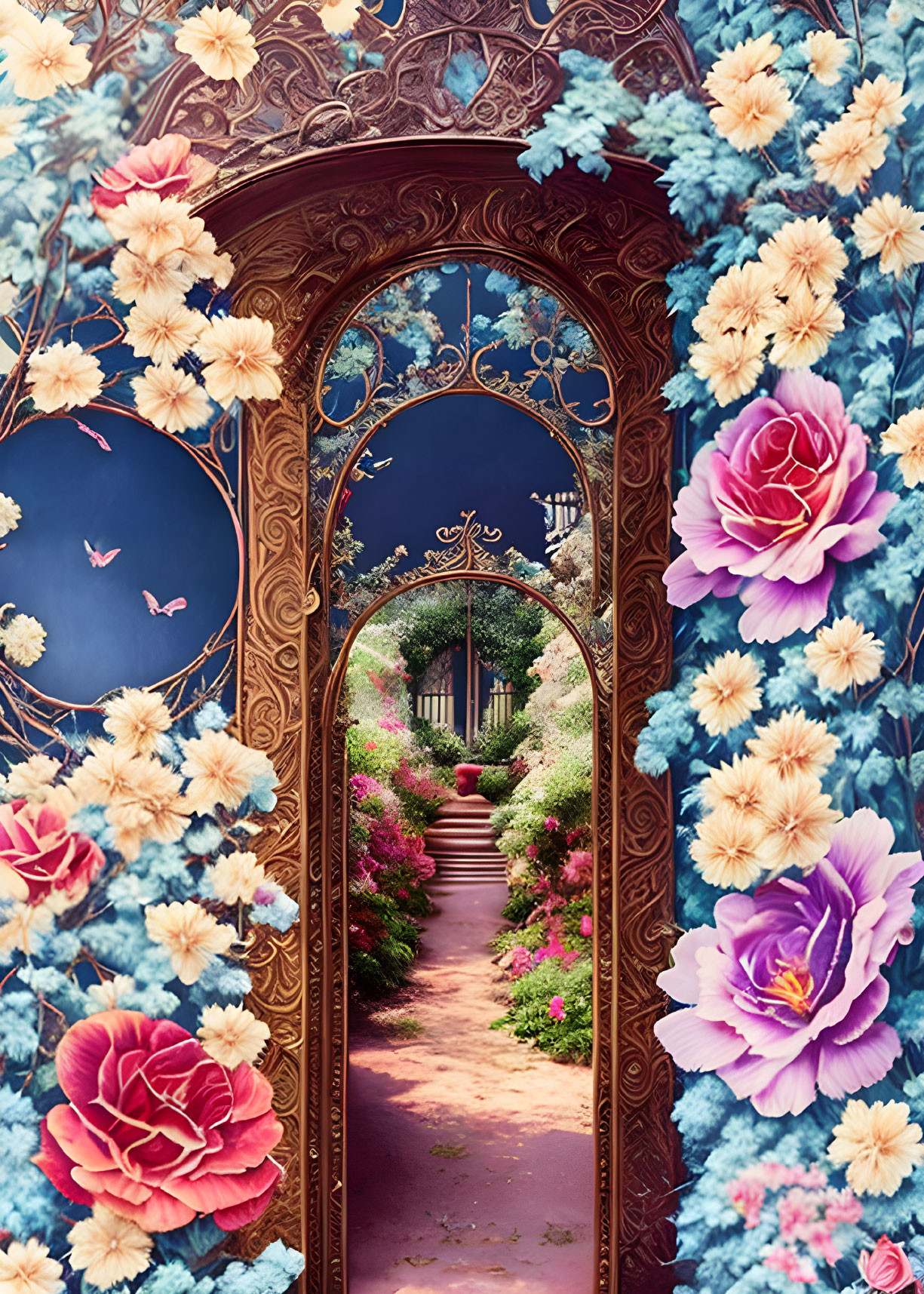 Golden Arch Frames Lush Garden Path with Vibrant Flowers and Butterflies