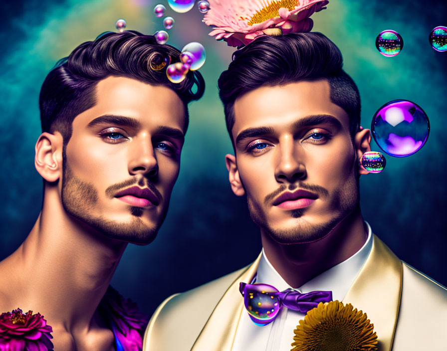 Stylish men in white tux and designer stubble, surrounded by flowers and bubbles on teal