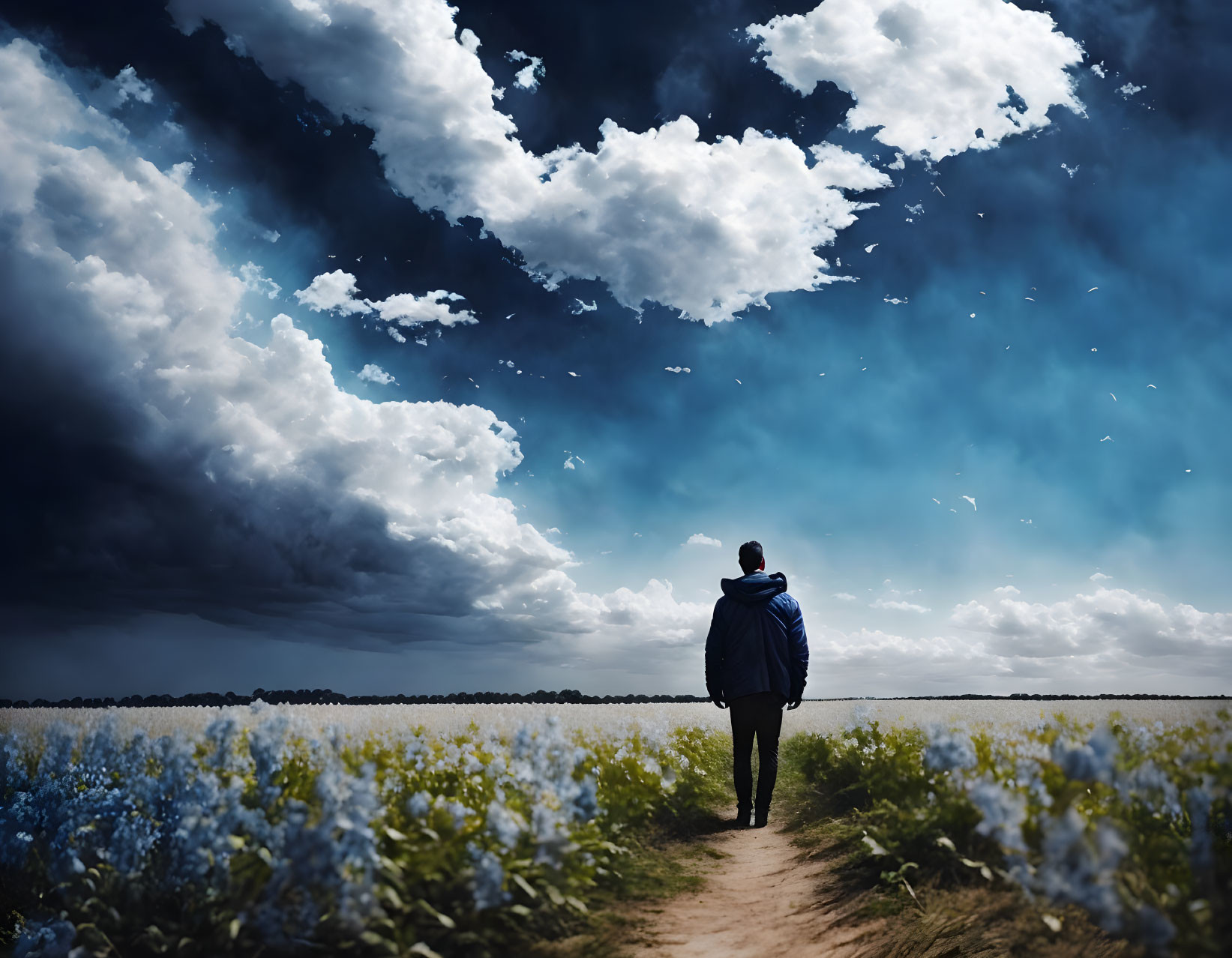 Person in jacket and hat on dirt path surrounded by blue flowers under dramatic sky