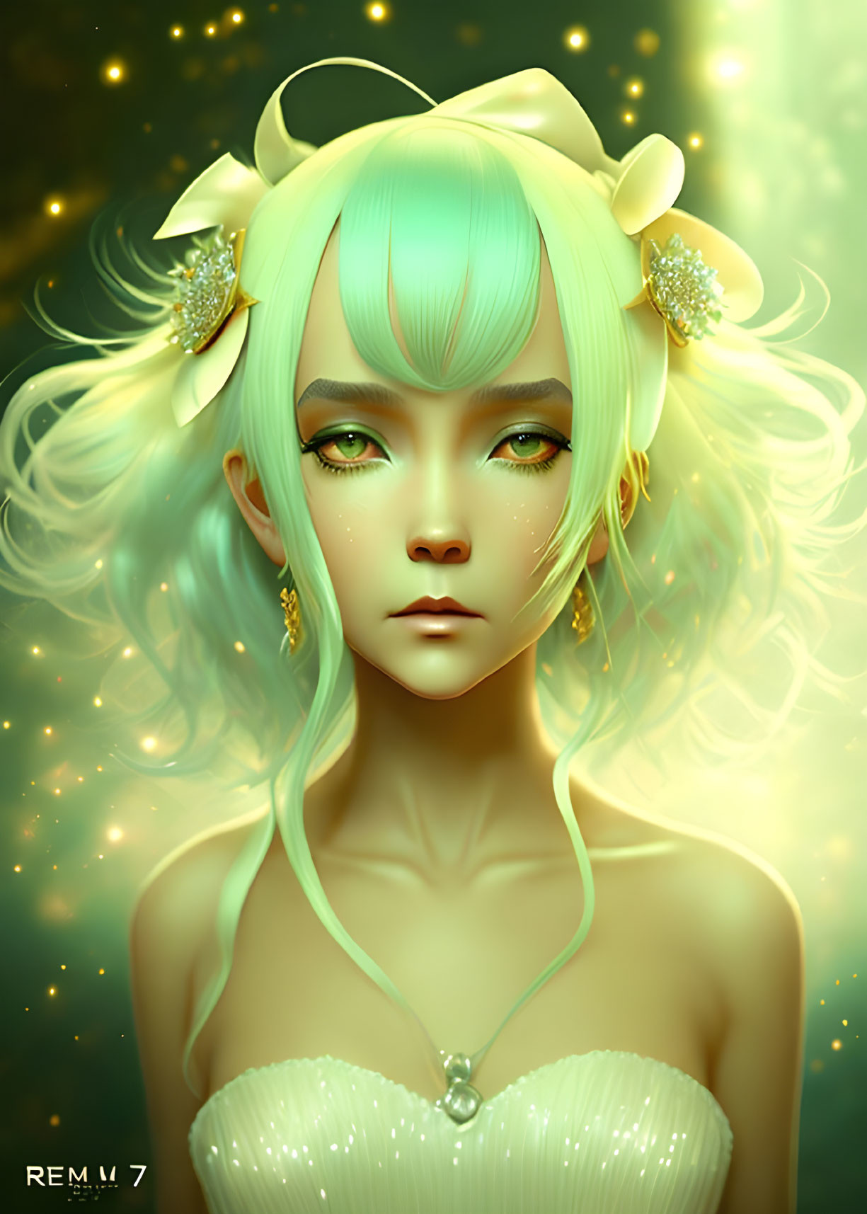 Fantasy character with mint green hair and golden accessories in ethereal setting