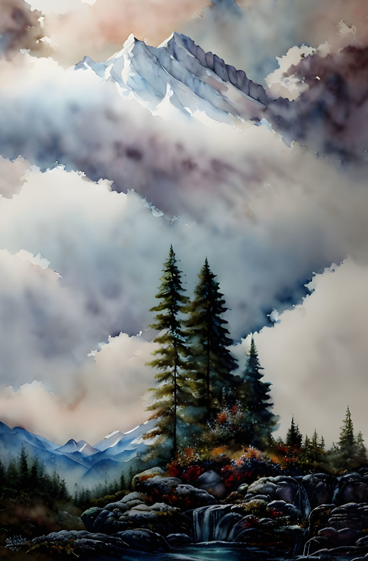 Tranquil landscape painting with evergreen trees, moss-covered rocks, misty mountains, and cloudy