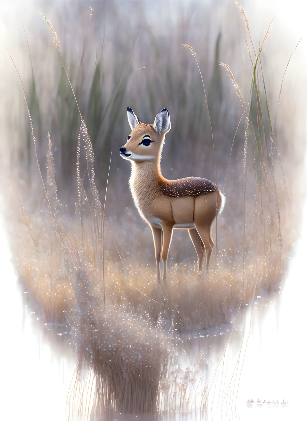 Young fawn in tall grass with soft light.