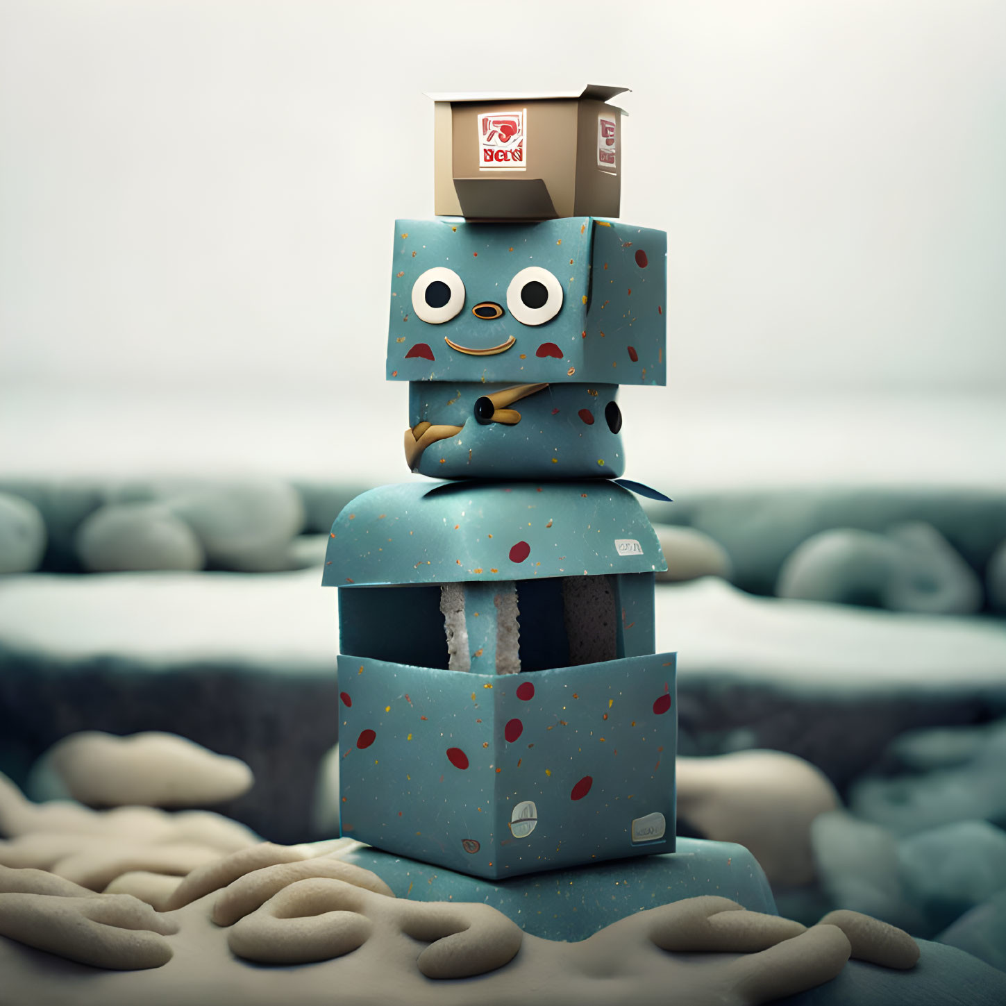 Animated Cardboard Robot Boxes on Misty Beach