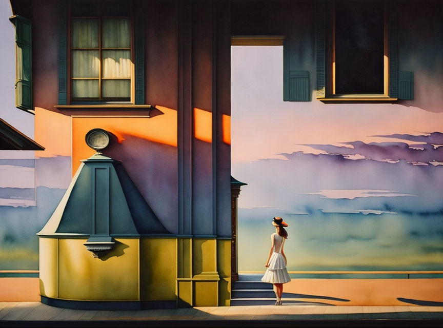 Woman in dress admires sunset over layered mountains