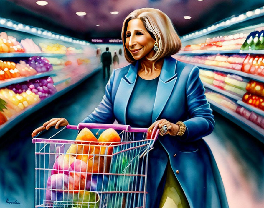 Exaggerated features caricature woman shopping for fruits