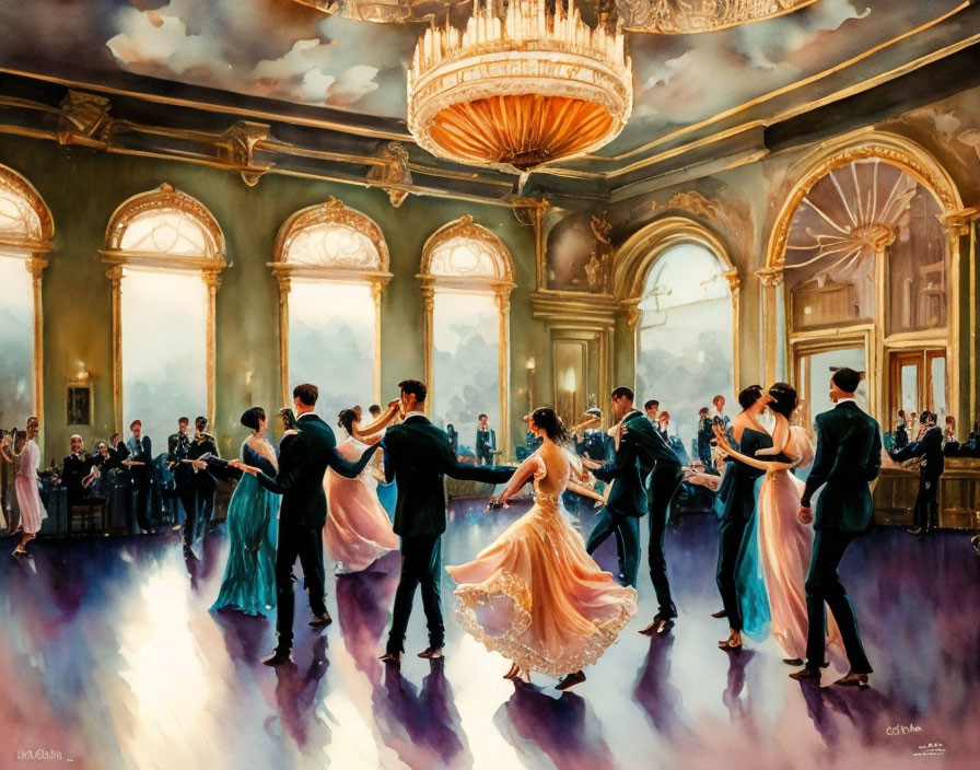 Elegant ballroom scene with dancing couples and grand chandelier