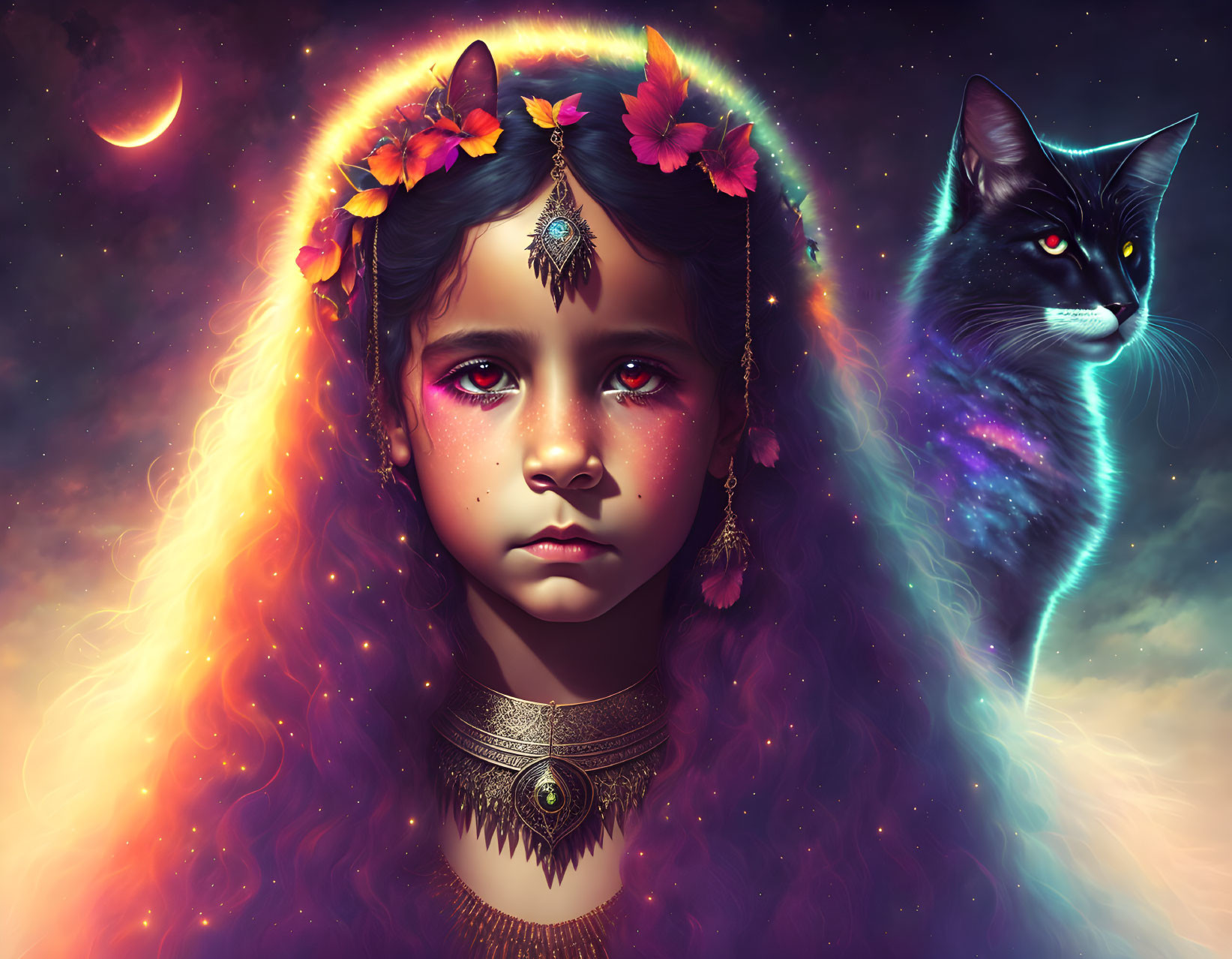 Cosmic-themed digital art of a girl with glowing hair, flowers, jewelry, and a spectral cat