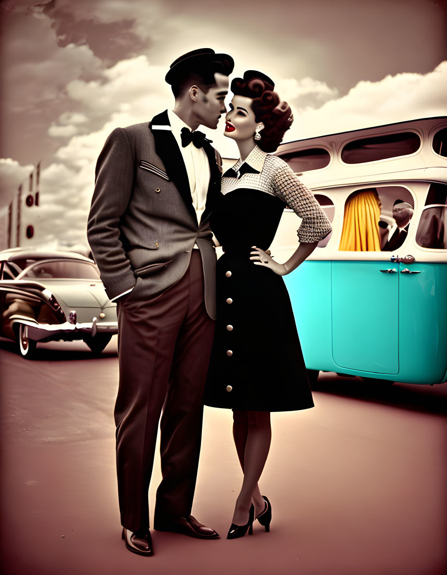 Vintage-styled couple embracing near classic cars under cloudy sky