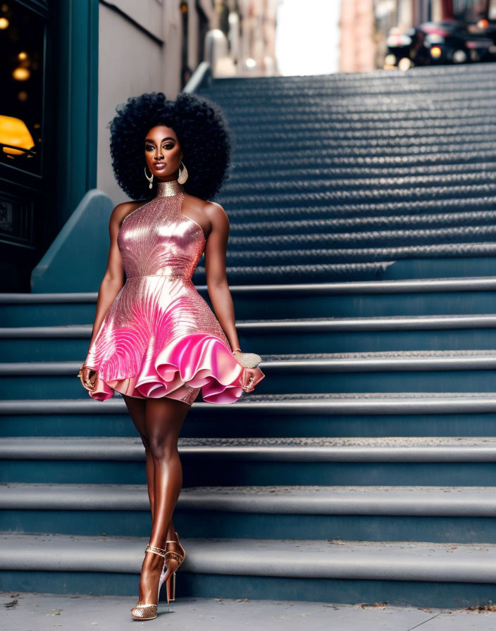 Curly-haired woman in pink metallic dress on urban stair steps