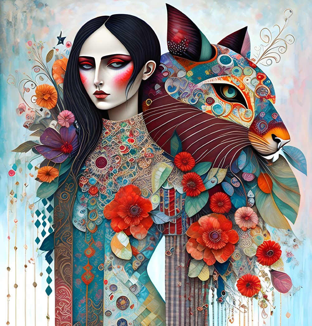 Illustration of Woman Merged with Artistic Cat in Surreal Style