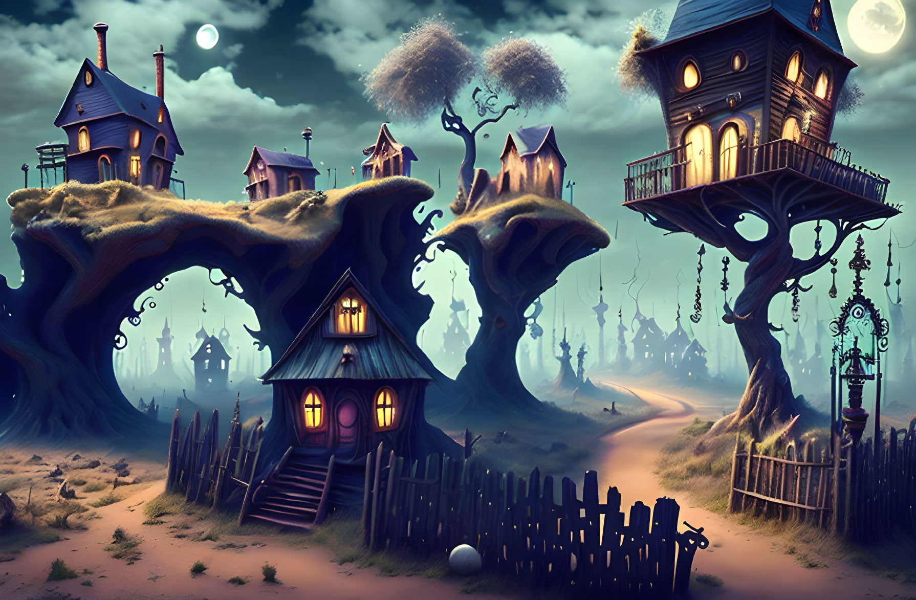 Whimsical tree house village under moonlit sky