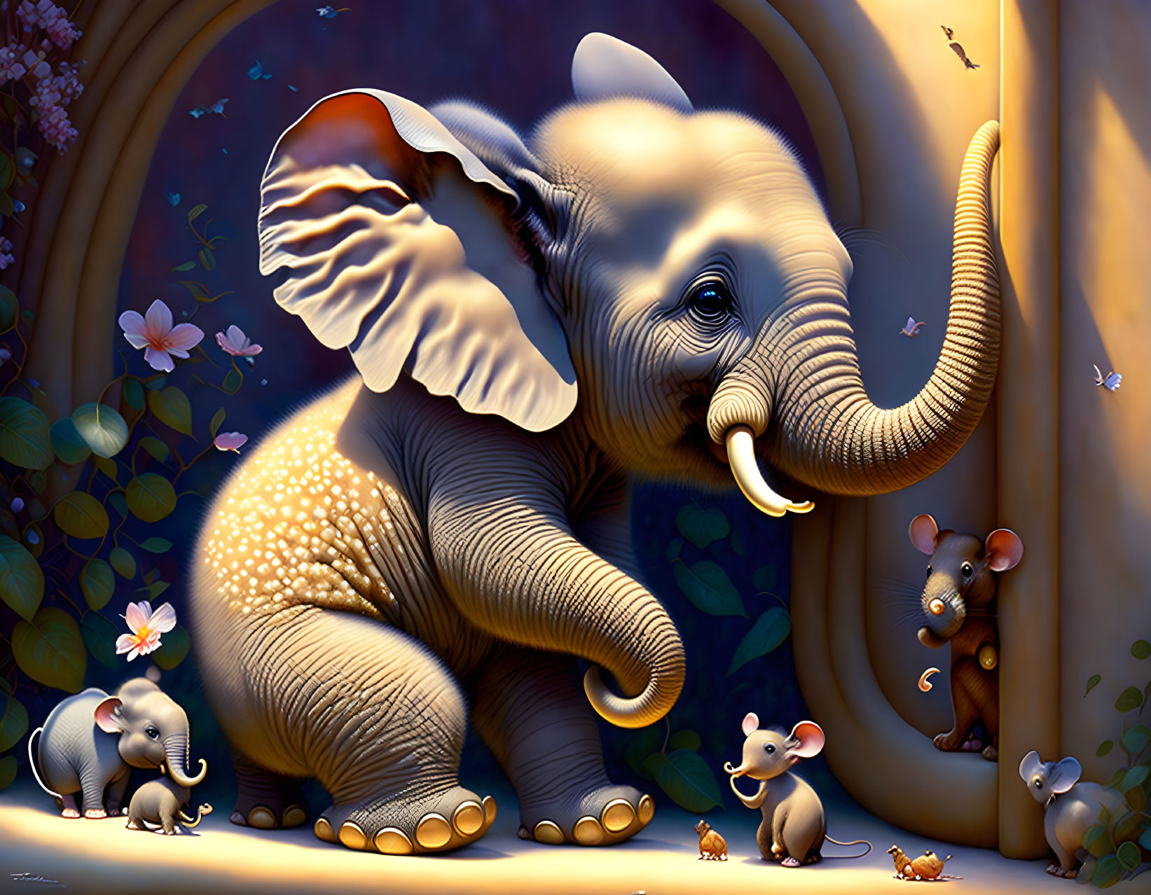 Colorful illustration: Large smiling elephant with raised trunk, surrounded by smaller elephants and mice in enchanting