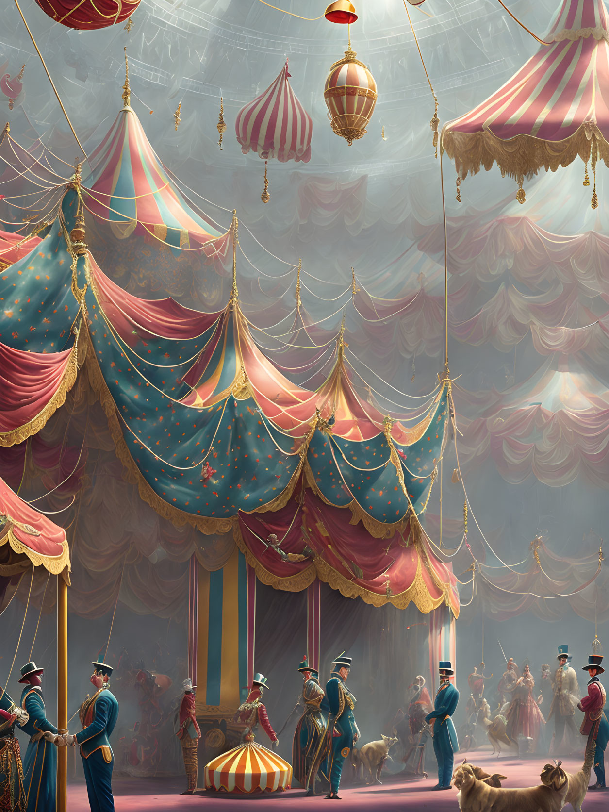 Colorful Circus Interior with Performers and Ornate Tents