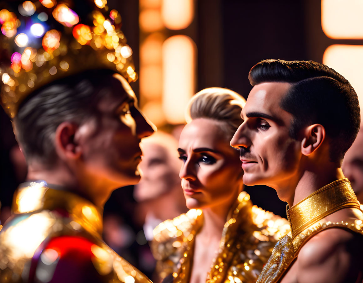 Colorful individuals in elaborate costumes and makeup with a crown and golden attire.