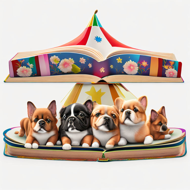 Illustration of open book with carnival tent top and cute cartoonish dogs.