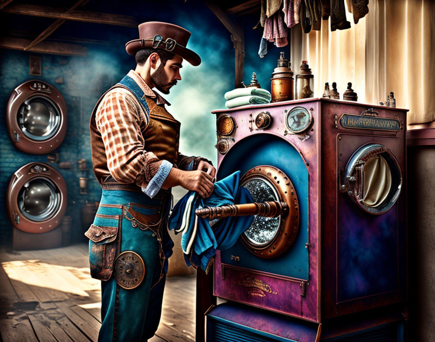 Steampunk man operating vintage washing machine in wooden room.