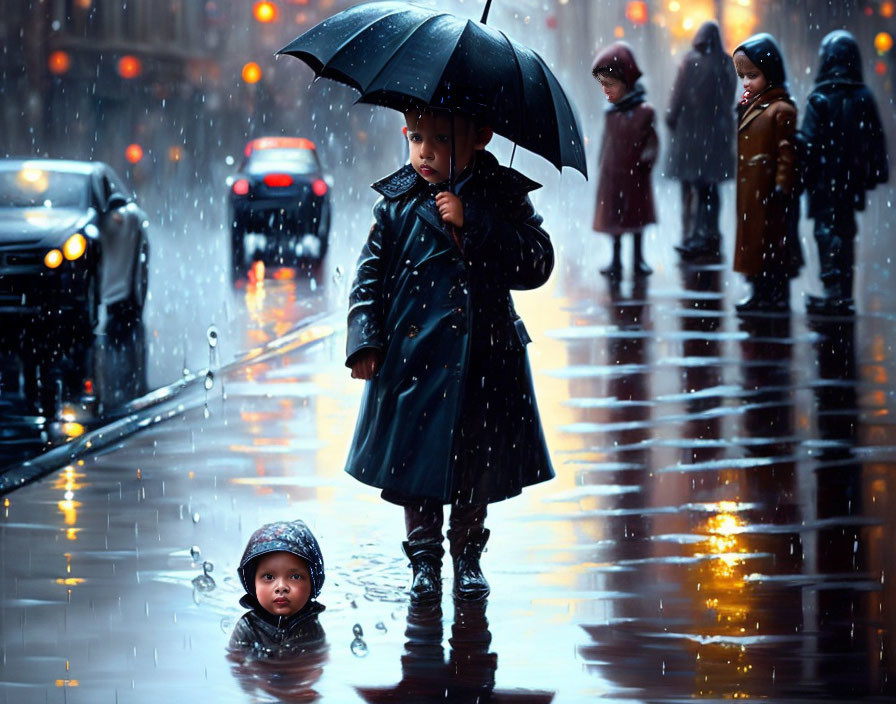 Child with umbrella mirrored by doll on wet street in rain with passersby and cars in background