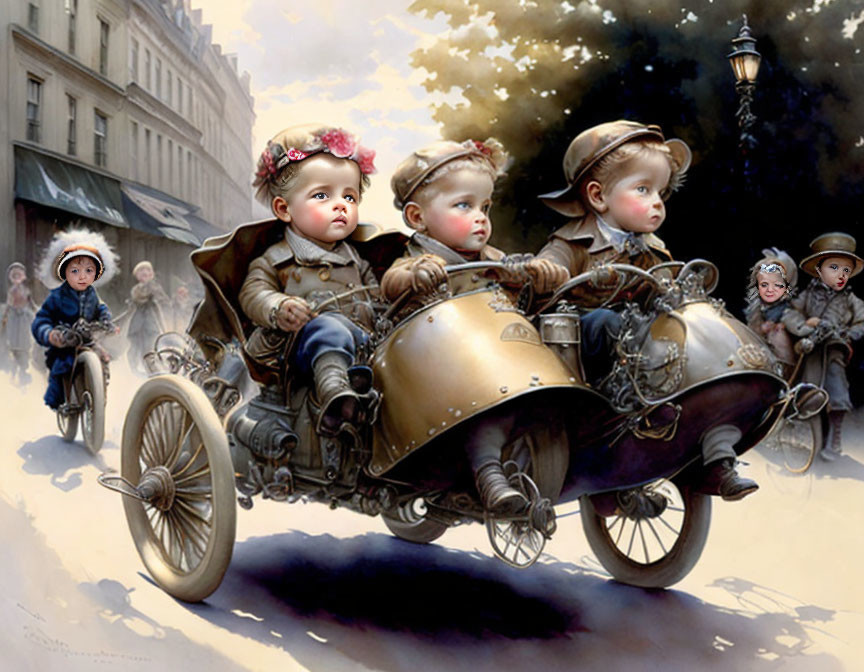 Whimsical baby-faced characters in vintage car illustration