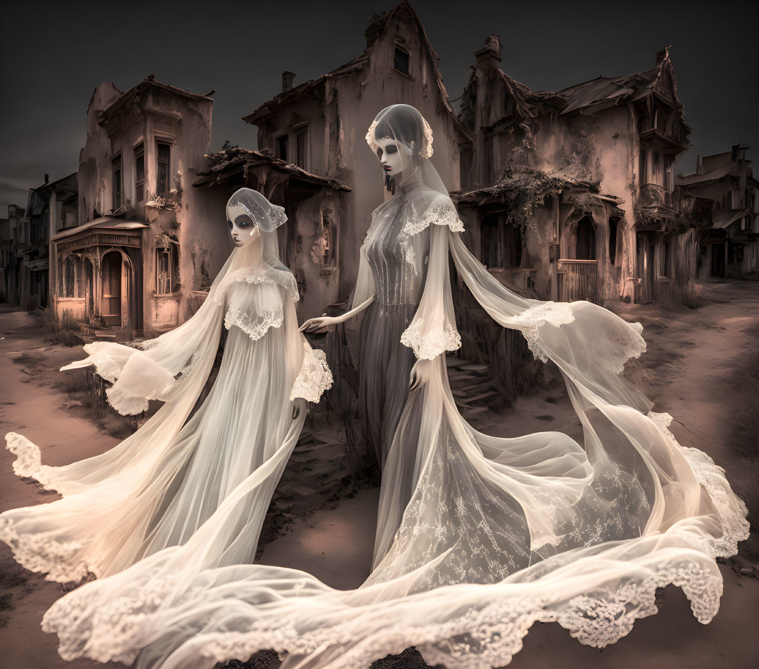 Ghostly brides in white gowns among dilapidated buildings under dramatic sky