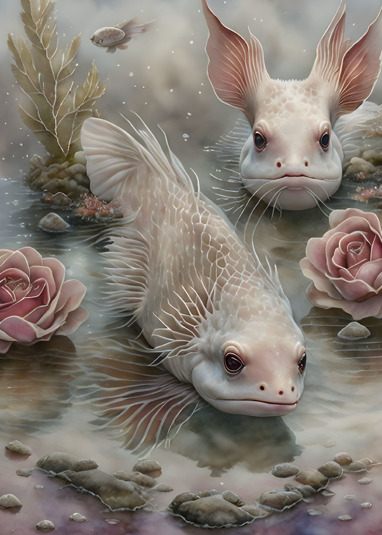 Surreal fish with humanoid faces swim in rose-filled pond