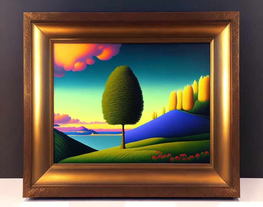 Colorful Landscape Painting with Singular Tree on Rolling Hills in Gold Frame