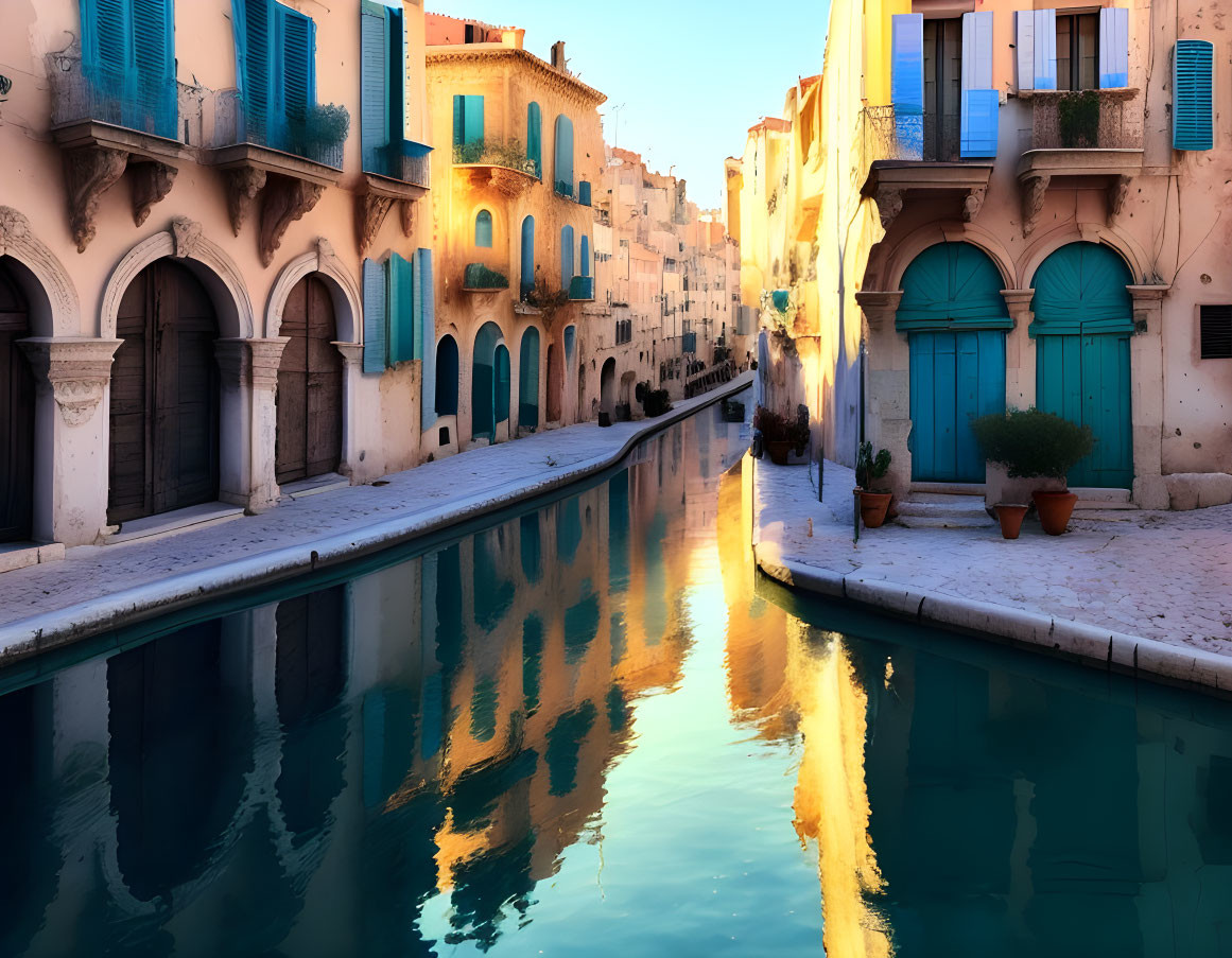 Colorful Houses Reflecting in Serene Canal at Sunset