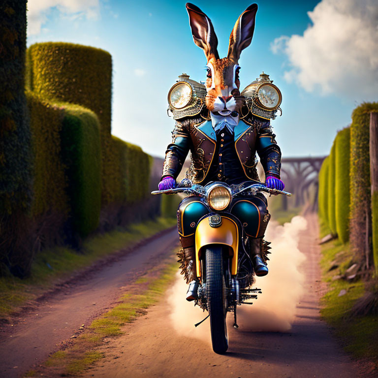 Elegant anthropomorphic rabbit on vintage motorcycle in countryside