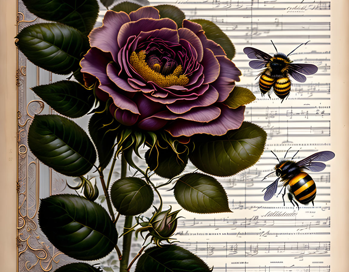 Detailed Purple Rose and Bees on Musical Notation Background