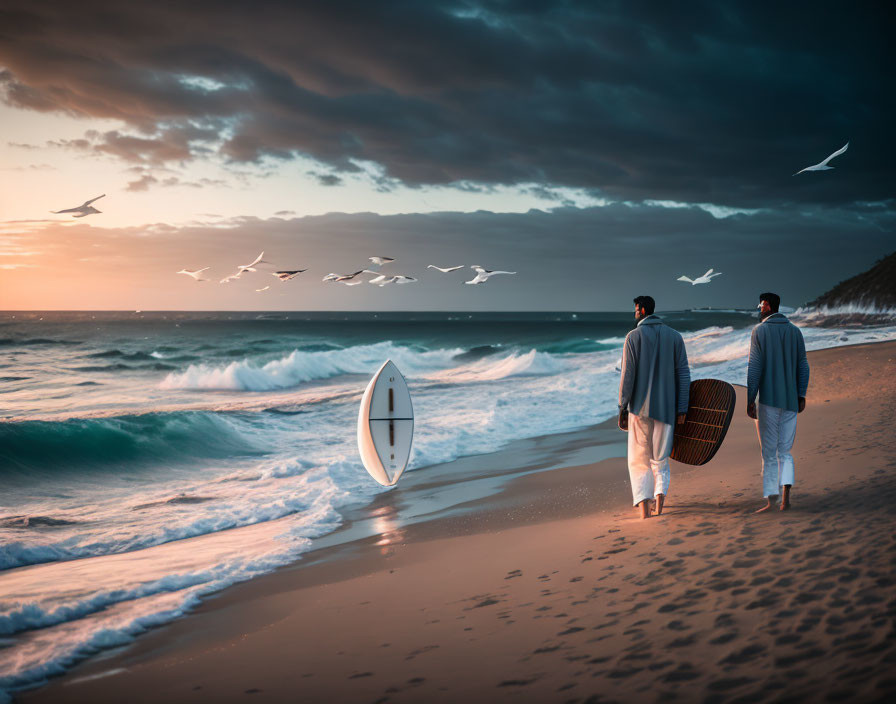 Beach sunset scene: two people walking with surfboard and basket, seagulls flying