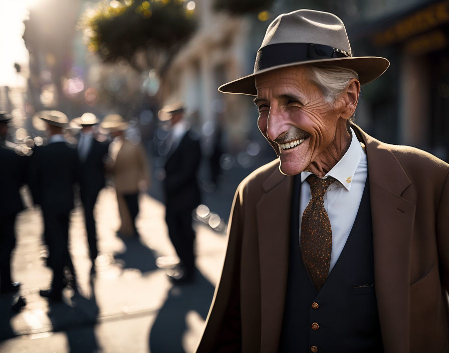 Elderly man in hat and suit smiling on sunny street