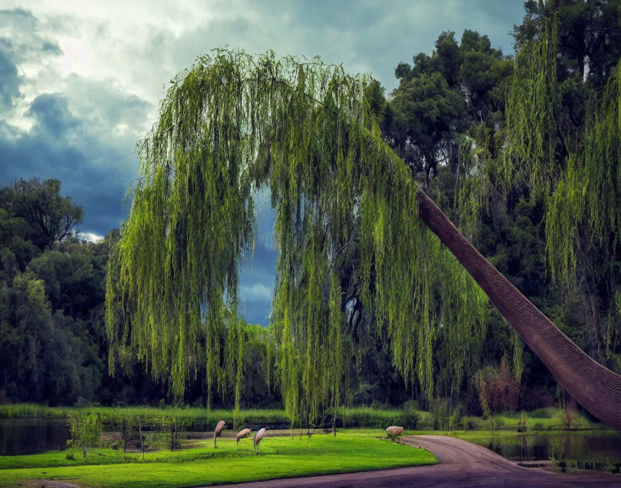 Bent willow tree by calm pond with white birds grazing on green grass