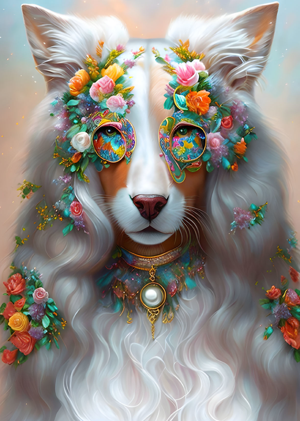 White dog with flowing fur in floral crown and glasses