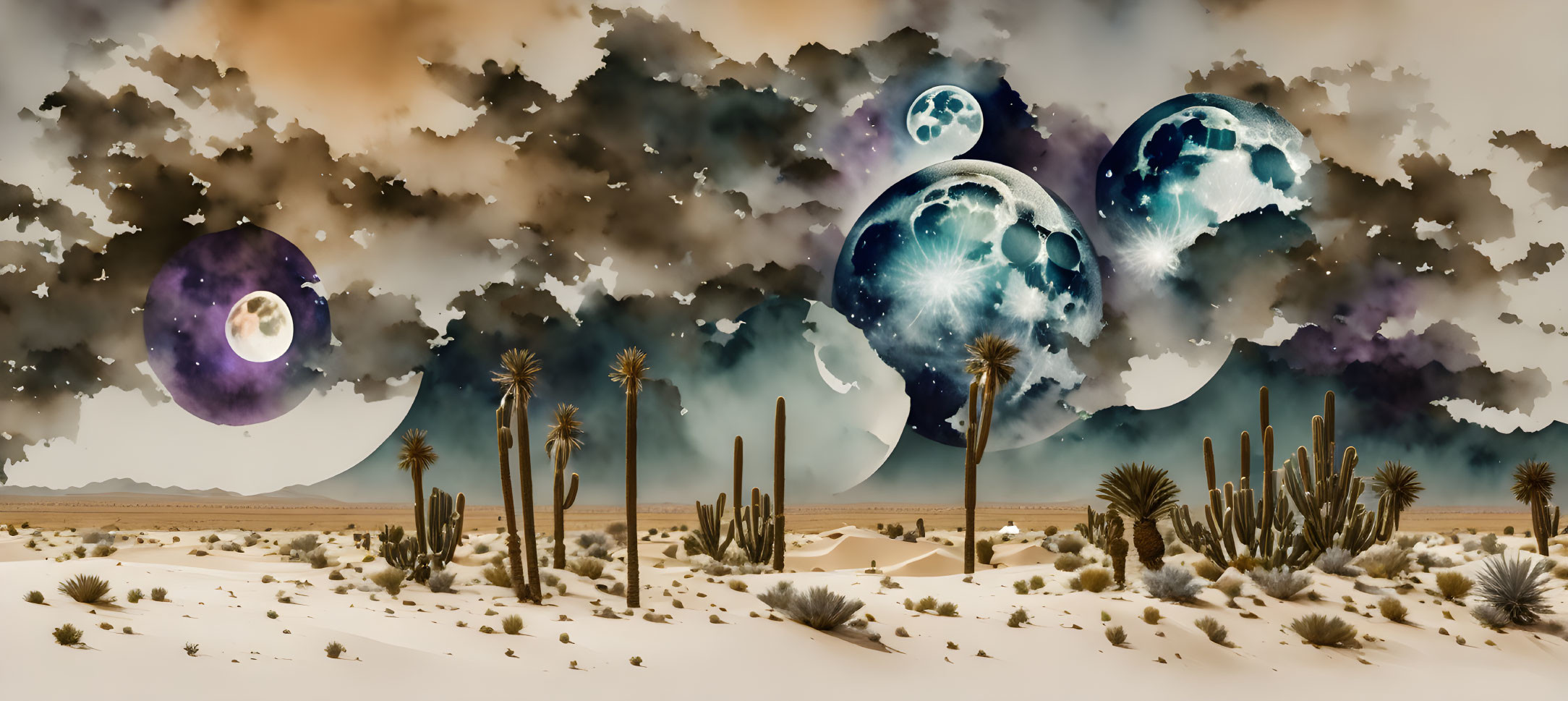 Surreal desert landscape with multiple moons, cacti, mountains, dramatic sky