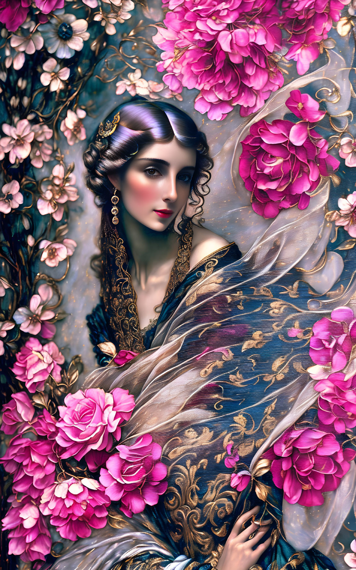 Ethereal woman in luxurious blue and gold dress with pink flowers