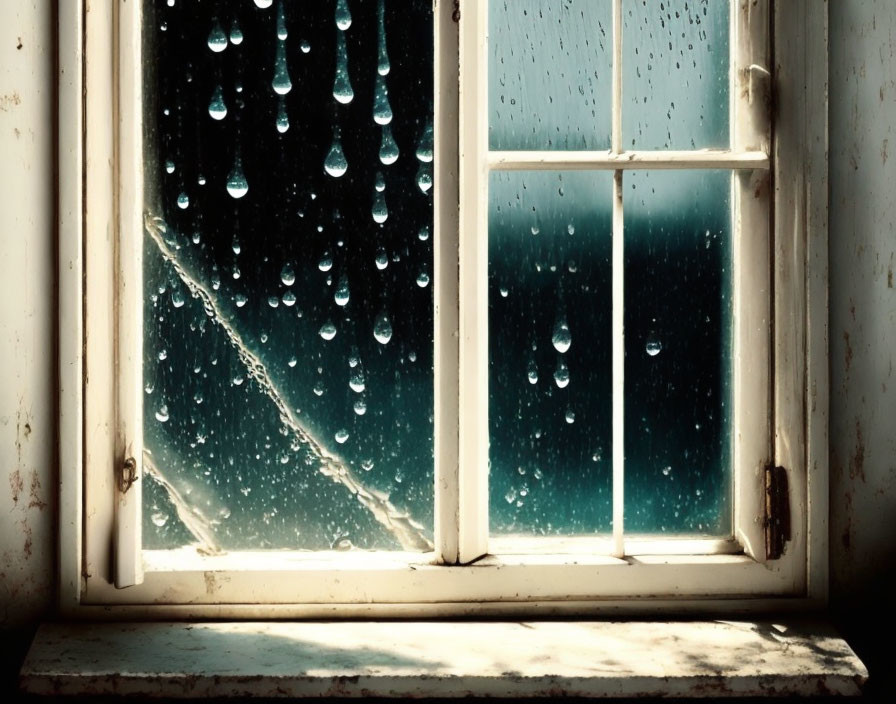 Raindrops on window pane with sunlight and vintage frame.