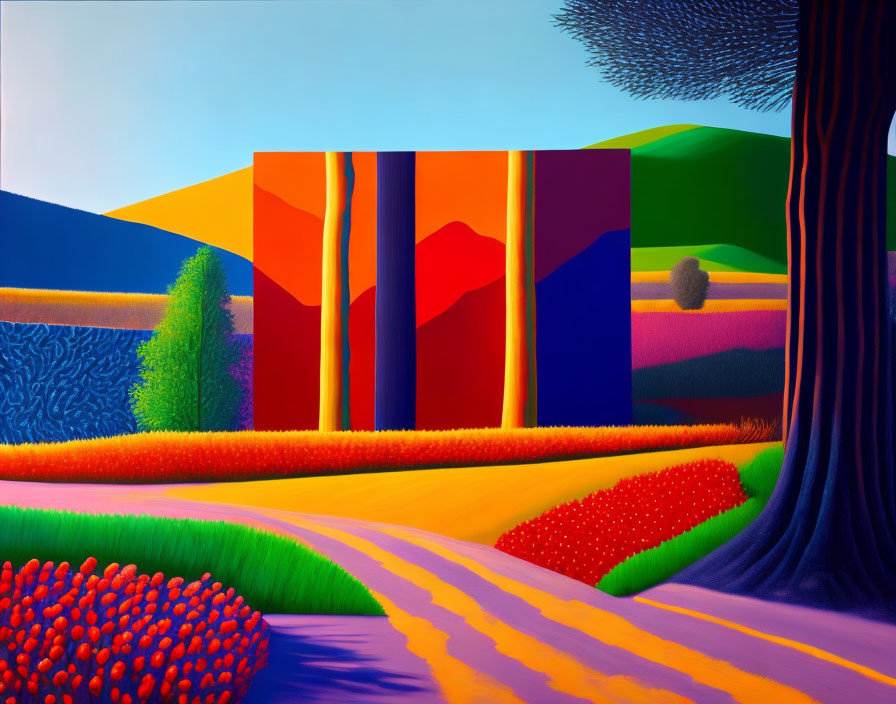 Colorful Geometric Landscape Painting with Trees, Road, and Foliage