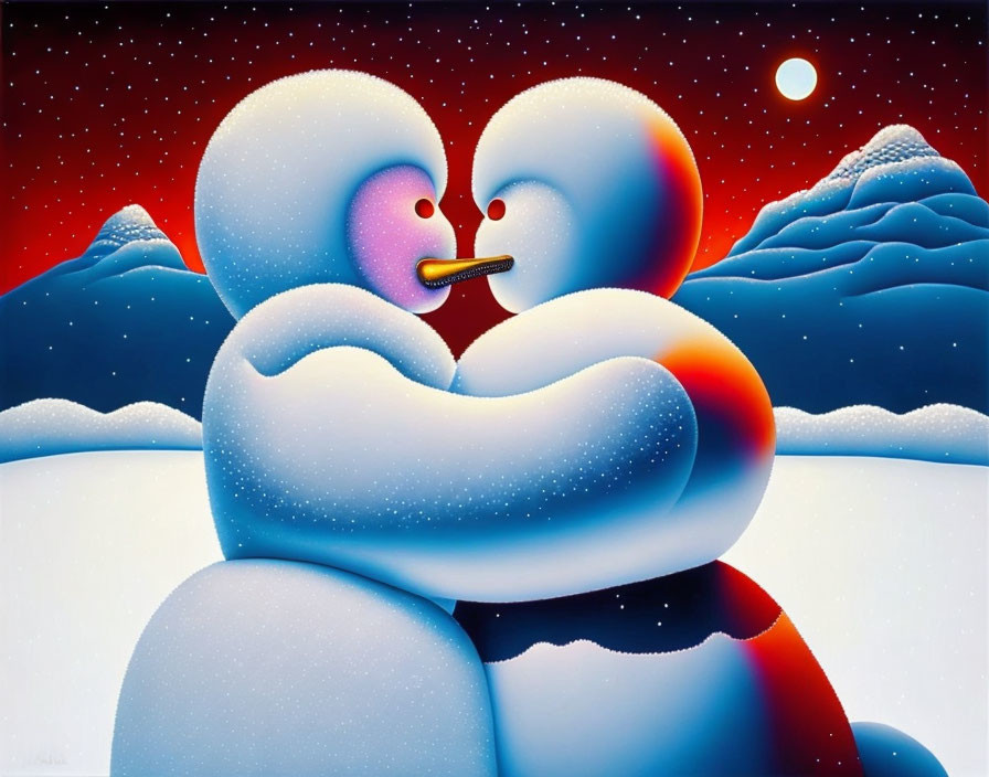 Stylized snowy figures embrace in red sky scene