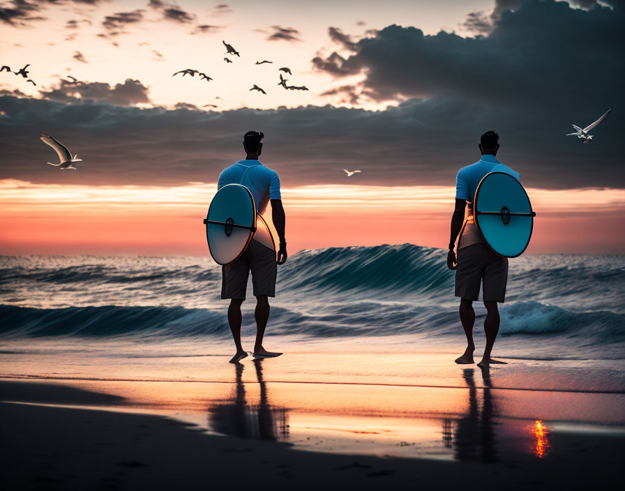 Surfers with boards watching waves at sunrise with flying birds