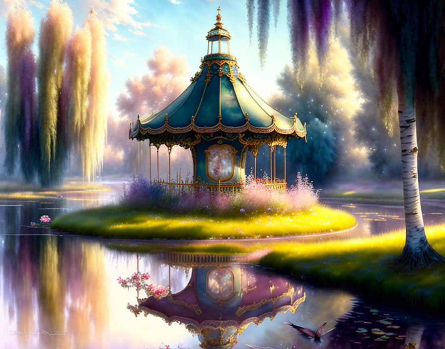 Ornate Carousel in Magical Landscape with Vivid Willows