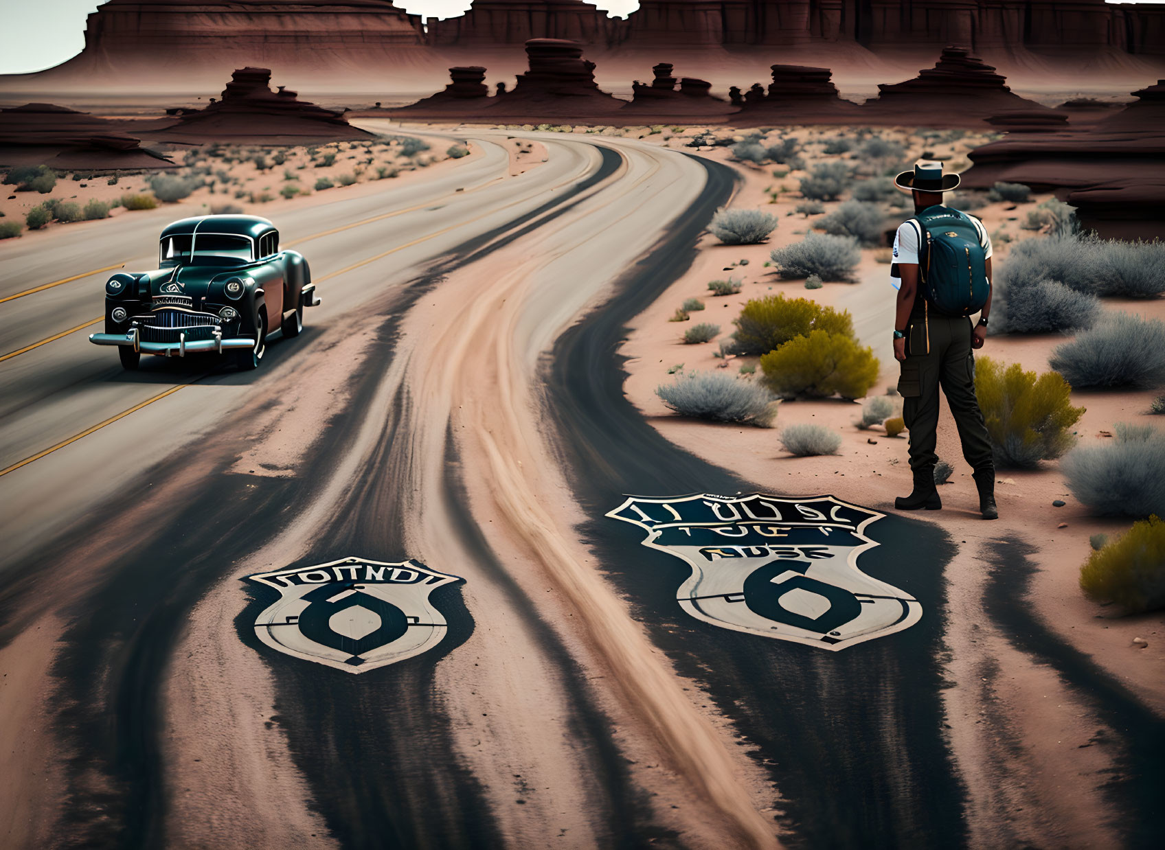 Backpacker hitchhiking on desert road with vintage car approaching