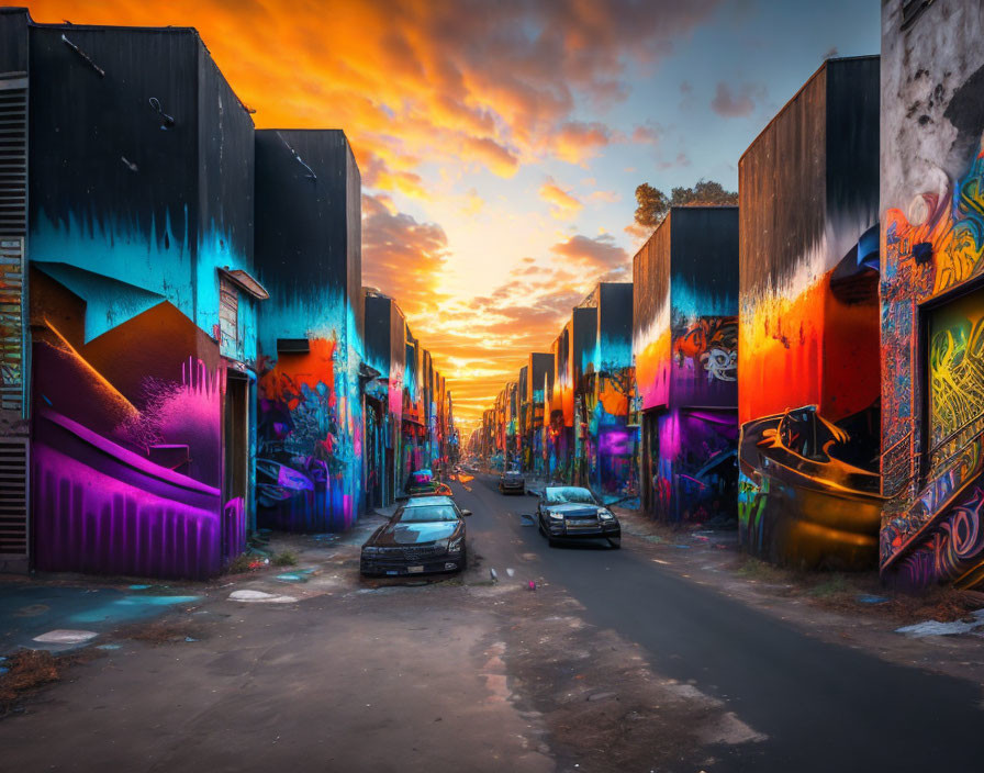 Urban alley with vibrant graffiti and parked cars at sunset.