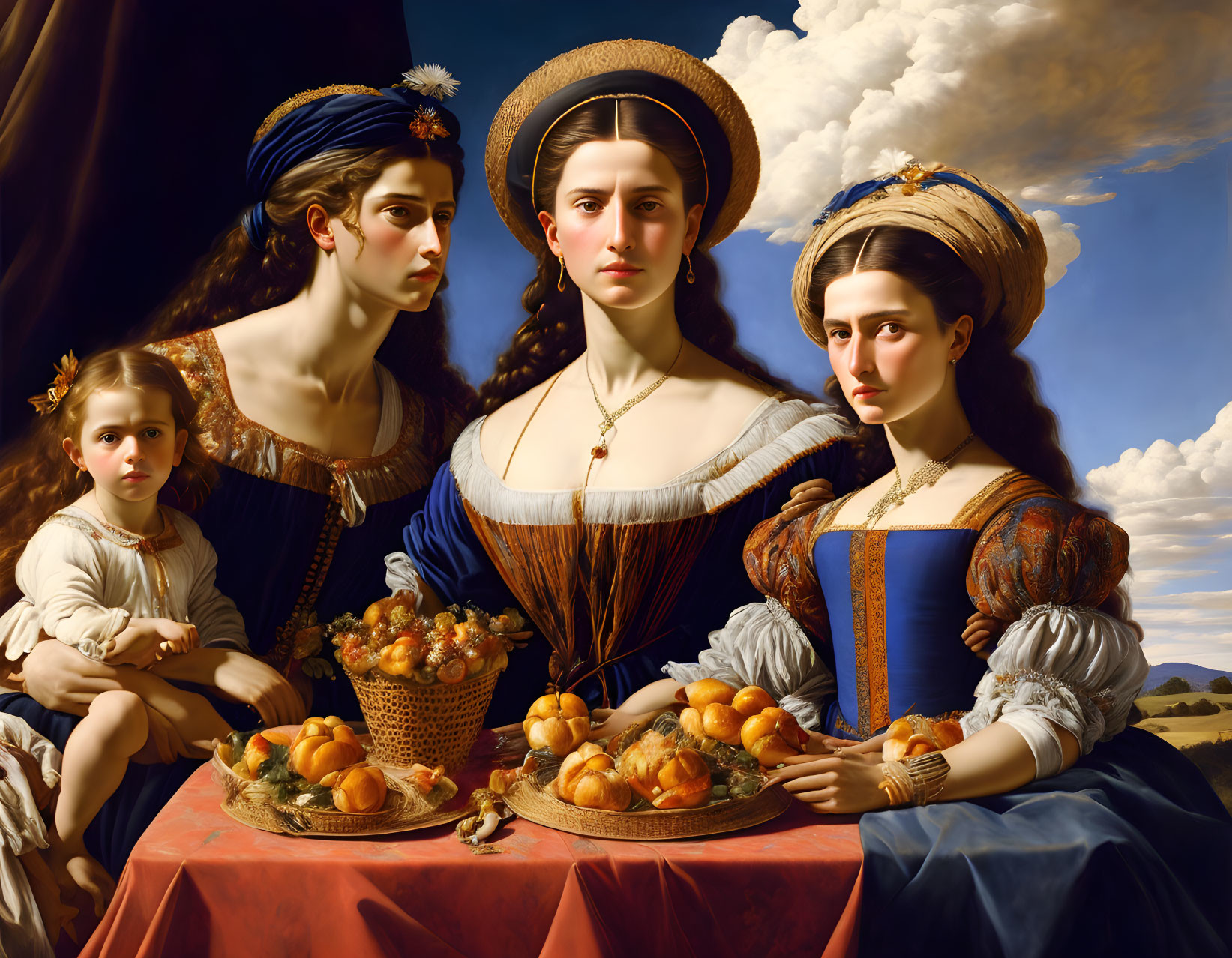 Classical attire women and child with fruit basket under blue skies