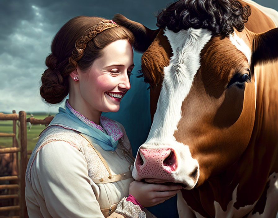 Smiling woman in cream dress hugging cow under cloudy sky