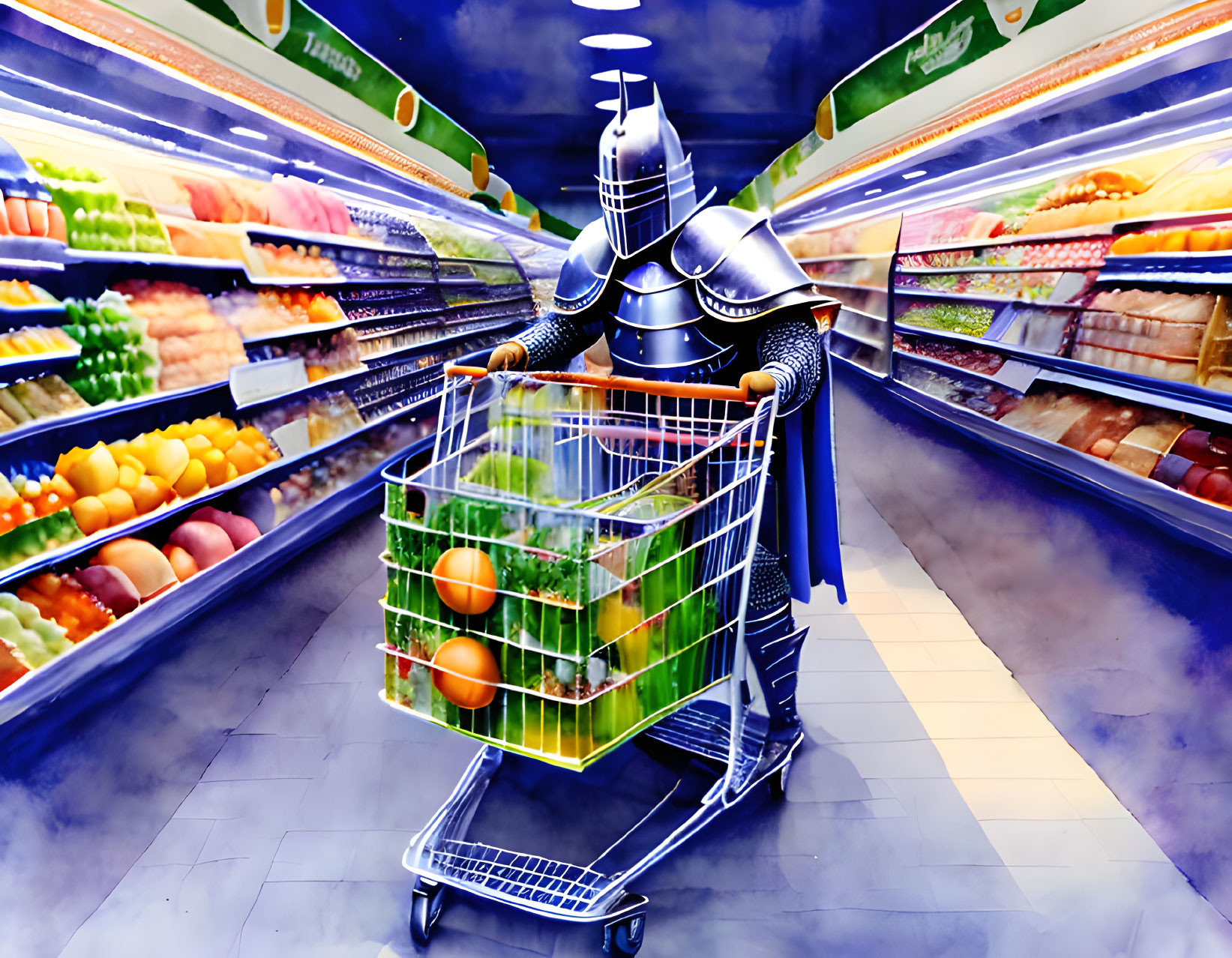 Medieval knight in armor shopping for fruits in a grocery store