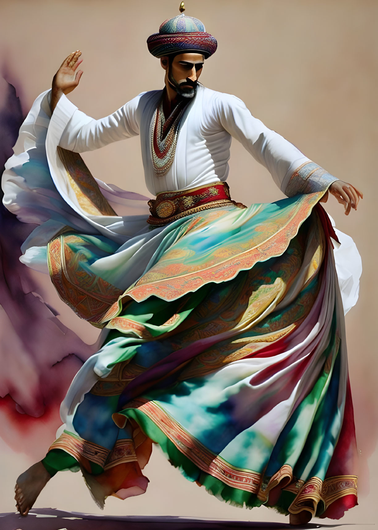 Traditional Attire Man in Colorful Skirt Dancing Pose