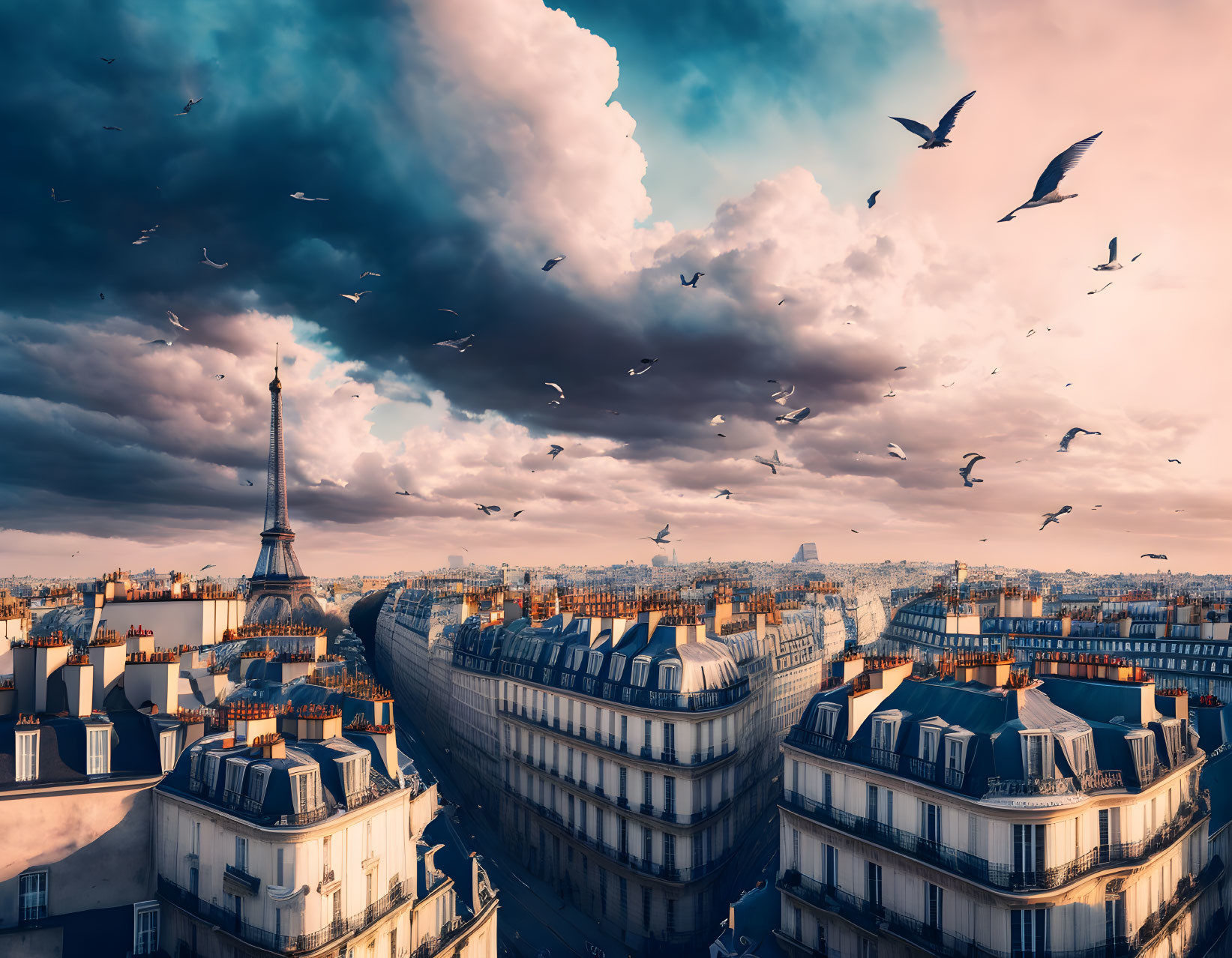 Paris skyline at dusk with Eiffel Tower, birds, and classic buildings under dramatic cloud