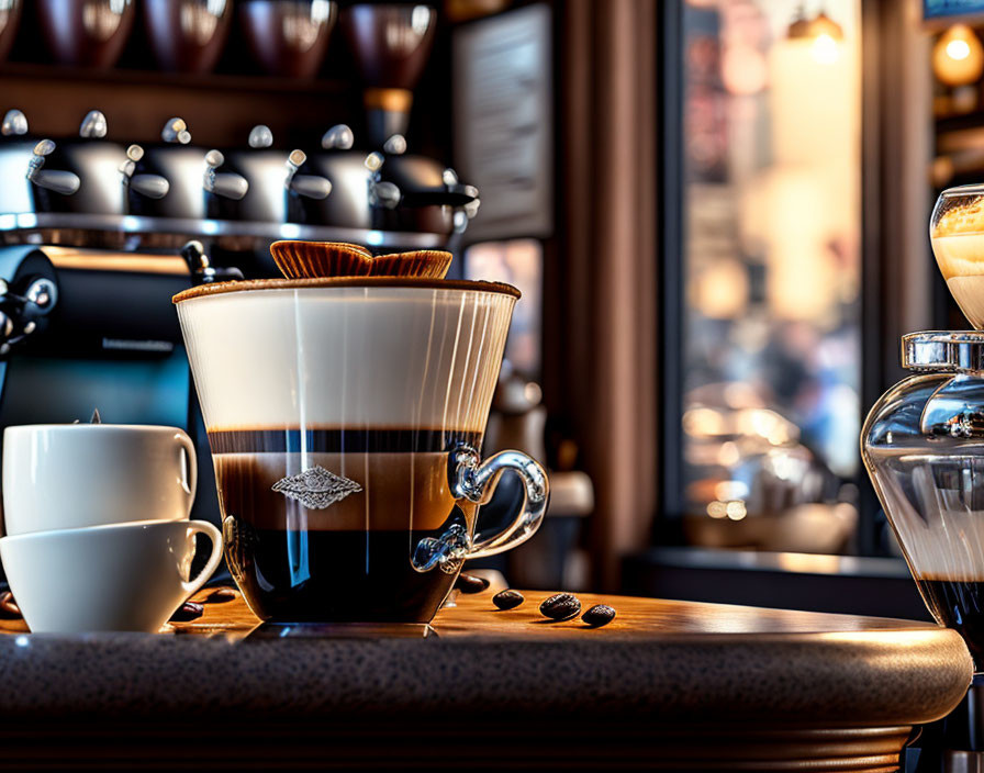 Layered cappuccino in clear glass on bar with coffee beans and espresso equipment